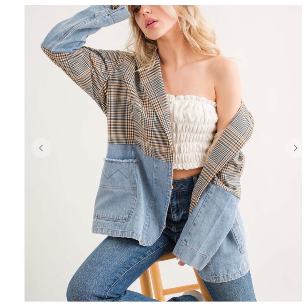 14 FALL Fabulous Plaid and Denim Contrast Single Button Jacket